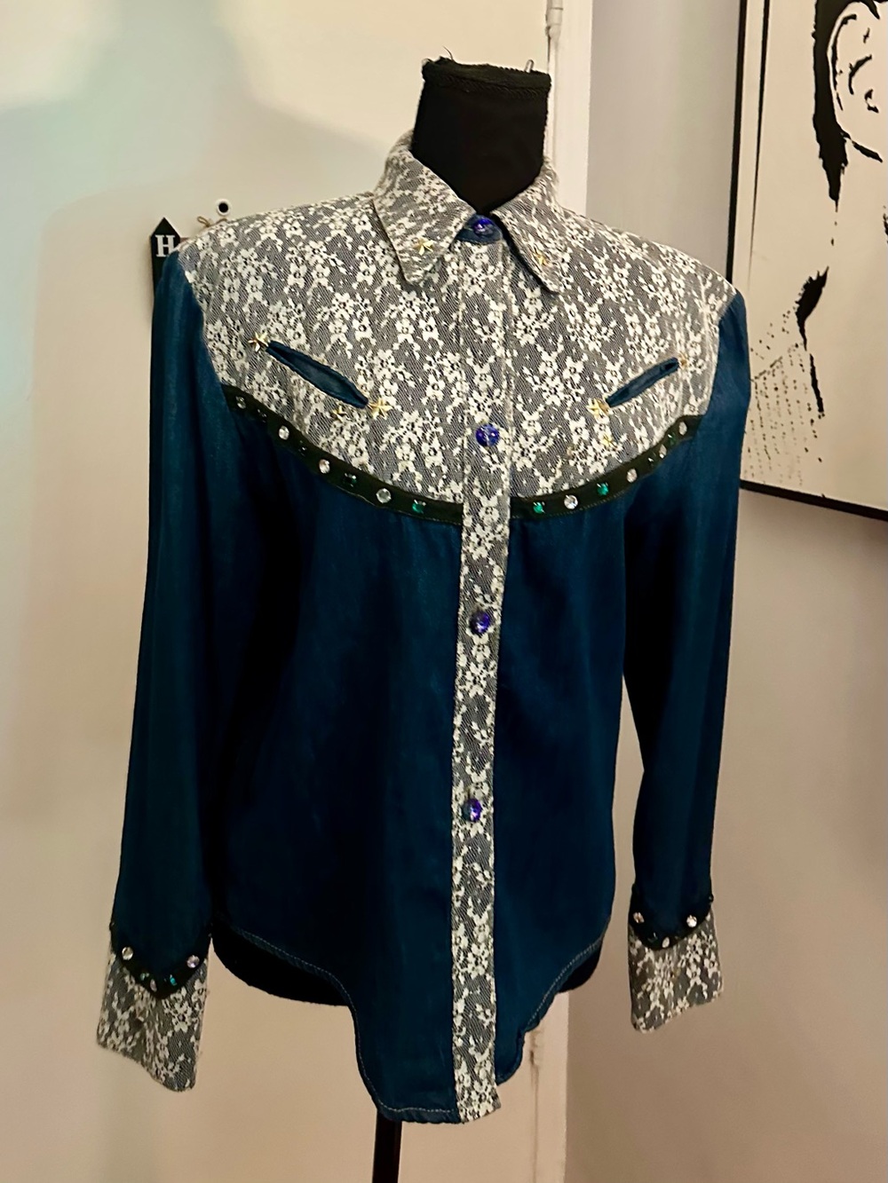 Denim Western Lace-Trim Button-Up Shirt